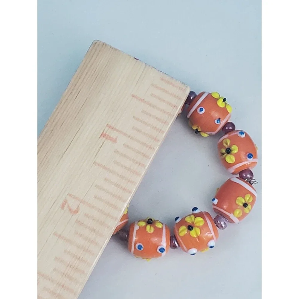 4 Vtg Millefior Lampwork Glass Bead Napkin Rings Orange Floral Table Decor